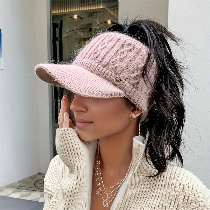 Lume Knit Cable Visor Beanie for Women – Ponytail Hat with Soft Fleece Lining, Winter Warmth & Style