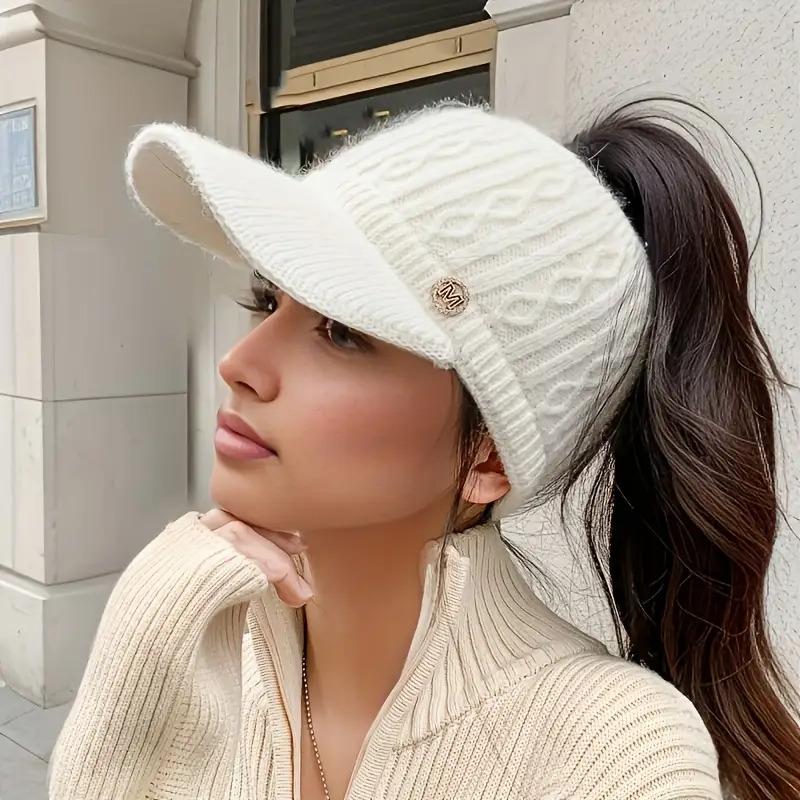 Lume Knit Cable Visor Beanie for Women – Ponytail Hat with Soft Fleece Lining, Winter Warmth & Style